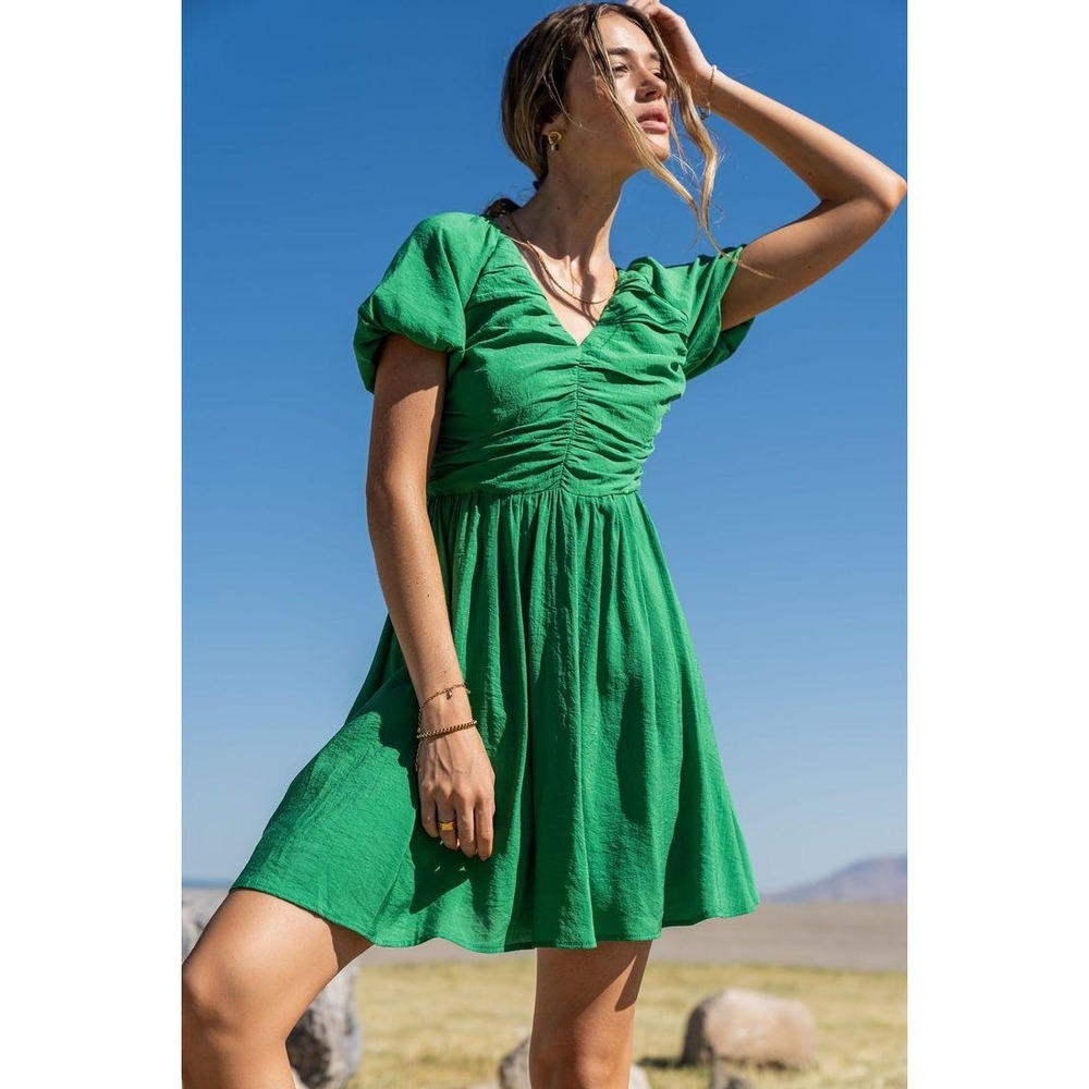 Bohme Green Dress XS Short Sleeve Ruched V‎ Neck Fit Flare Womens
